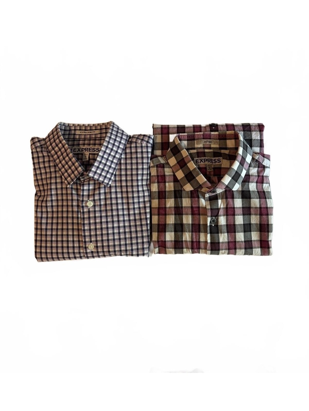 Lot of 2 Express Mens Extra Slim Fit Fitted Plaid Check Long Sleeve Shirts L